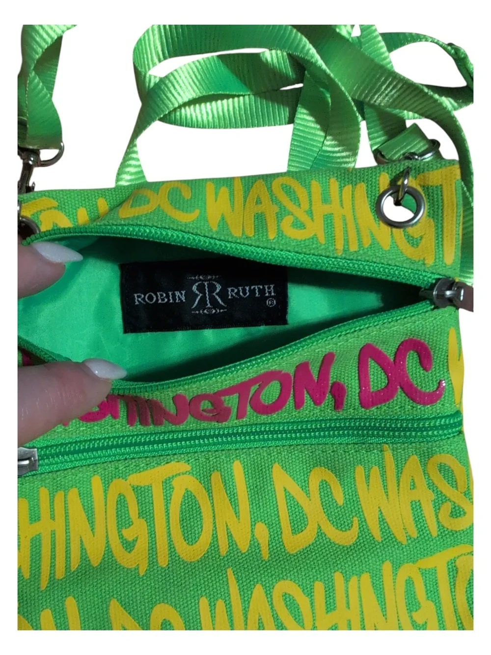 Robin Ruth Neon Green Crossbody with Yellow and Pink Washington DC Print